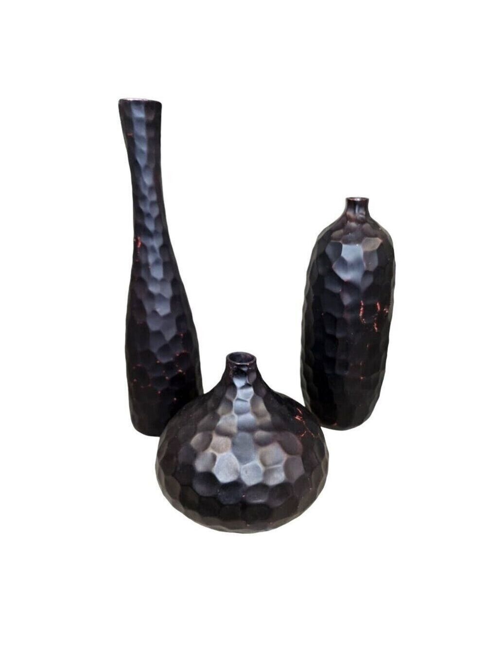 Oriental Style Black Polyresin Vase Set – 3 Textured Honeycomb Vases, Asian Deco